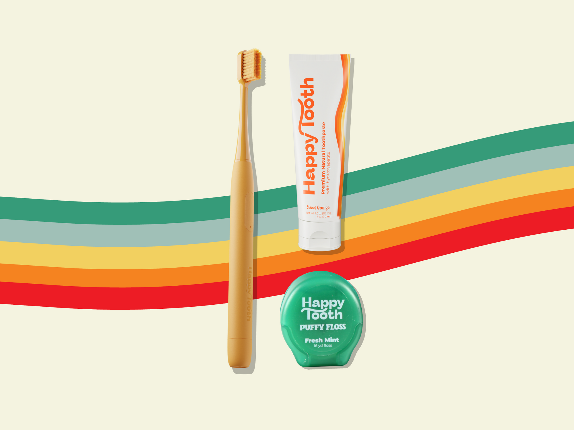 Happ E-Brush + Puffy Floss + Travel Toothpaste