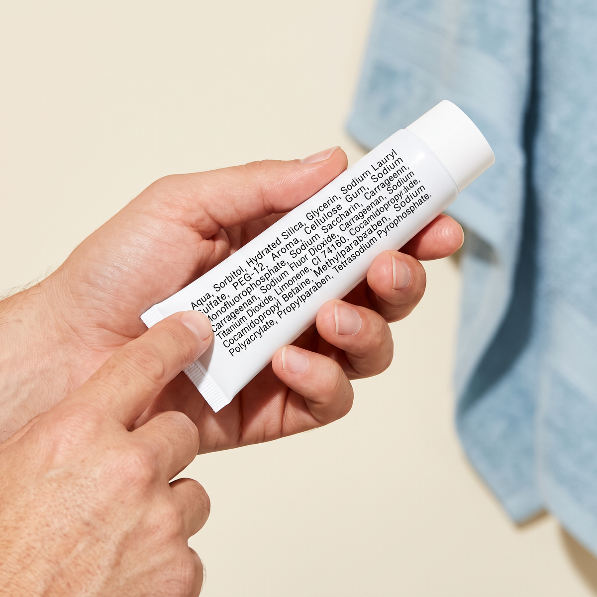 Close-up of a typical toothpaste ingredient label